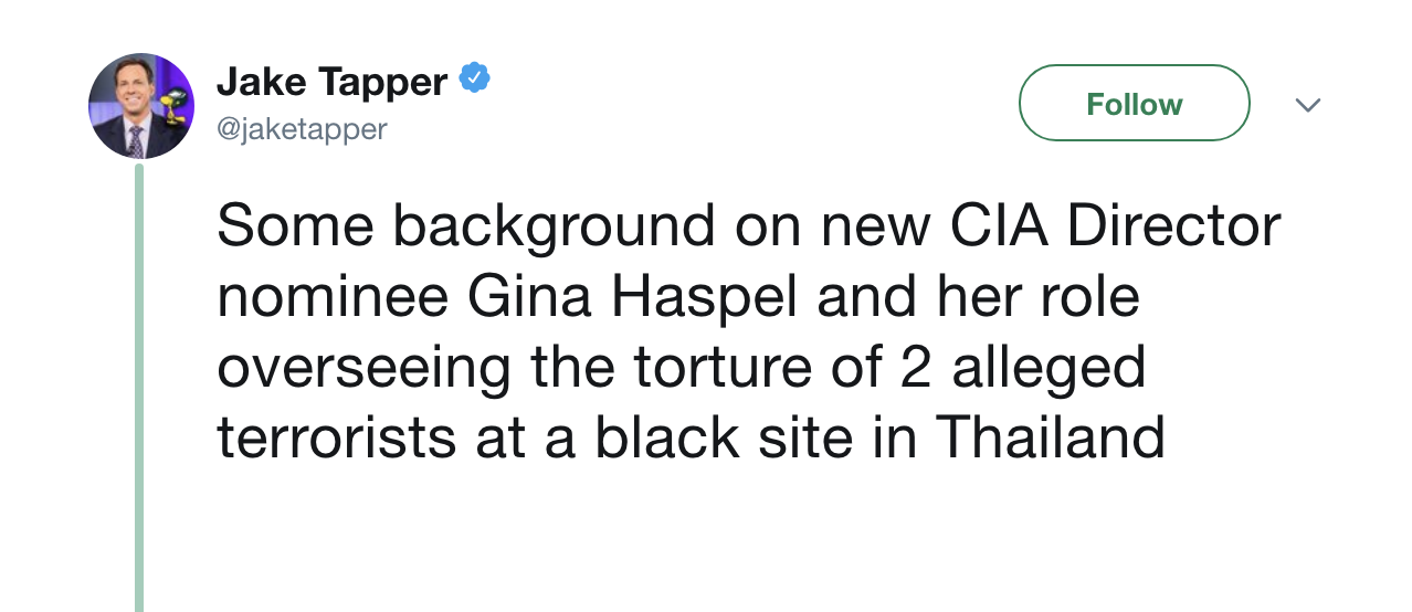 Screen-Shot-2018-03-13-at-9.30.00-AM Jake Tapper Tweets Disturbing Facts About Trump's New CIA Director & It's Literal Torture Corruption Domestic Policy Donald Trump National Security Politics Top Stories 