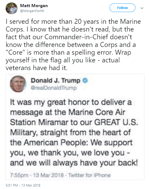 matt-morgan Trump Misspells Marine Corps On Twitter & Veterans Instantly Make Him Wish He Was Dead Donald Trump Social Media Top Stories 