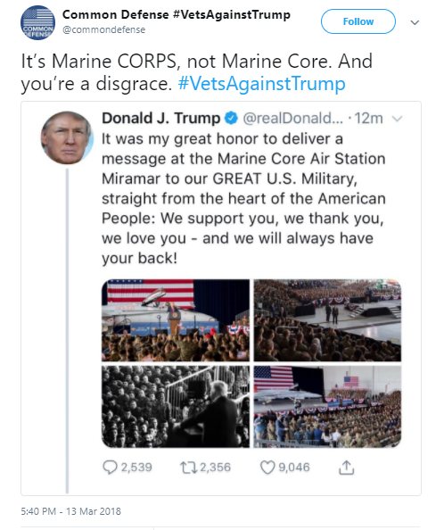 vet-three Trump Misspells Marine Corps On Twitter & Veterans Instantly Make Him Wish He Was Dead Donald Trump Social Media Top Stories 