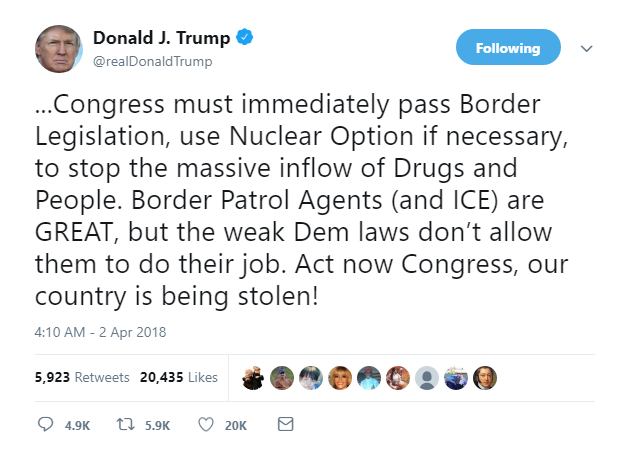 2018-04-02-08_17_58-Donald-J.-Trump-on-Twitter_-_...Congress-must-immediately-pass-Border-Legislatio Trump Plops Out Of Bed, Gets Triggered & Hate-Tweets At Mexico Like A Sad Old Man Donald Trump Featured Politics Racism Social Media Top Stories 