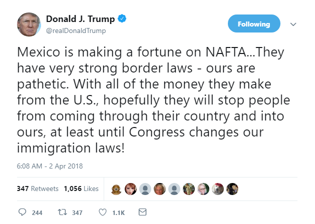 2018-04-02-09_11_03-Donald-J.-Trump-on-Twitter_-_Mexico-is-making-a-fortune-on-NAFTA...They-have-ver Trump Plops Out Of Bed, Gets Triggered & Hate-Tweets At Mexico Like A Sad Old Man Donald Trump Featured Politics Racism Social Media Top Stories 