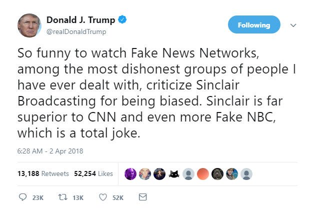2018-04-02-16_34_42-Donald-J.-Trump-on-Twitter_-_So-funny-to-watch-Fake-News-Networks-among-the-mos Local Sinclair News Anchor Defies Corporation, Risks Job To Trash Trump's 'Fake News' Tweets Donald Trump Featured Media Politics Top Stories 