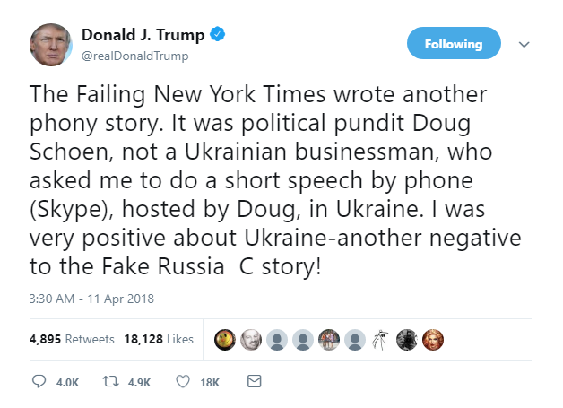 2018-04-11-07_34_12-Donald-J.-Trump-on-Twitter_-_The-Failing-New-York-Times-wrote-another-phony-stor Trump Goes Berserk & Launches Into 5 Tweet Super-Rant Like A Maniac On Uppers Donald Trump Featured Politics Social Media Top Stories 