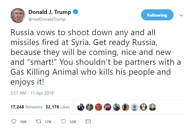 2018-04-11-07_36_50-Donald-J.-Trump-on-Twitter_-_Russia-vows-to-shoot-down-any-and-all-missiles-fire Trump Goes Berserk & Launches Into 5 Tweet Super-Rant Like A Maniac On Uppers Donald Trump Featured Politics Social Media Top Stories 