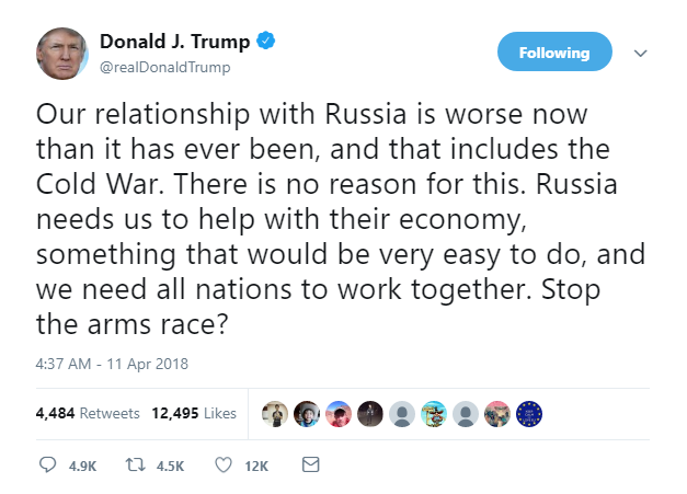 2018-04-11-07_49_51-Donald-J.-Trump-on-Twitter_-_Our-relationship-with-Russia-is-worse-now-than-it-h Trump Goes Berserk & Launches Into 5 Tweet Super-Rant Like A Maniac On Uppers Donald Trump Featured Politics Social Media Top Stories 