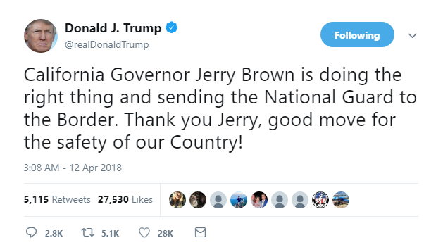 2018-04-12-08_11_06-Donald-J.-Trump-on-Twitter_-_California-Governor-Jerry-Brown-is-doing-the-right- Trump Goes Crazy & Tweets Mueller Firing Message Like A Lab Animal On Drugs Donald Trump Featured Politics Social Media Top Stories 