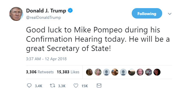 2018-04-12-08_11_57-Donald-J.-Trump-on-Twitter_-_Good-luck-to-Mike-Pompeo-during-his-Confirmation-He Trump Goes Crazy & Tweets Mueller Firing Message Like A Lab Animal On Drugs Donald Trump Featured Politics Social Media Top Stories 