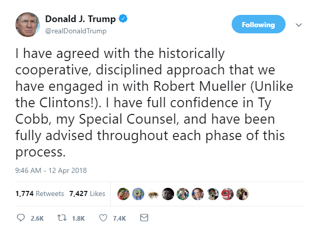 2018-04-12-12_55_09-Donald-J.-Trump-on-Twitter_-_I-have-agreed-with-the-historically-cooperative-di Treasonous Trump Snaps & Makes Delusional Afternoon Announcement Like A Hallucinating Hippie Donald Trump Featured Politics Russia Social Media Top Stories 