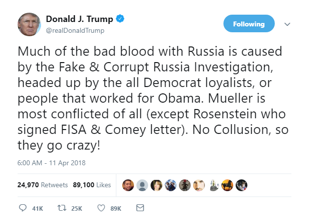 2018-04-12-13_17_36-Donald-J.-Trump-on-Twitter_-_Much-of-the-bad-blood-with-Russia-is-caused-by-the- Treasonous Trump Snaps & Makes Delusional Afternoon Announcement Like A Hallucinating Hippie Donald Trump Featured Politics Russia Social Media Top Stories 