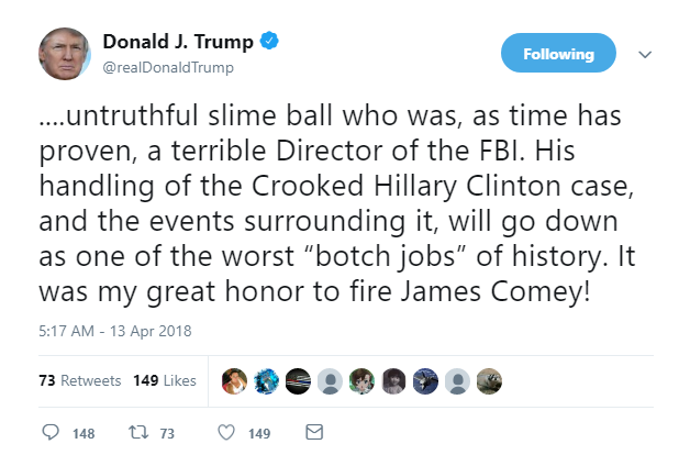 2018-04-13-08_18_20-Donald-J.-Trump-on-Twitter_-_....untruthful-slime-ball-who-was-as-time-has-prov Trump Rockets Awake & Live Tweets Mental Breakdown Like A Future Inmate Corruption Donald Trump Featured Politics Social Media Top Stories 