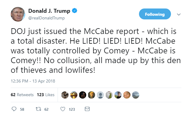 2018-04-13-15_54_14-Donald-J.-Trump-on-Twitter_-_DOJ-just-issued-the-McCabe-report-which-is-a-tota Trump Goes On Crazy! Crazy! Crazy! Twitter Tantrum Like A Lunatic On Hallucinogens Donald Trump Featured James Comey Politics Russia Social Media Top Stories 