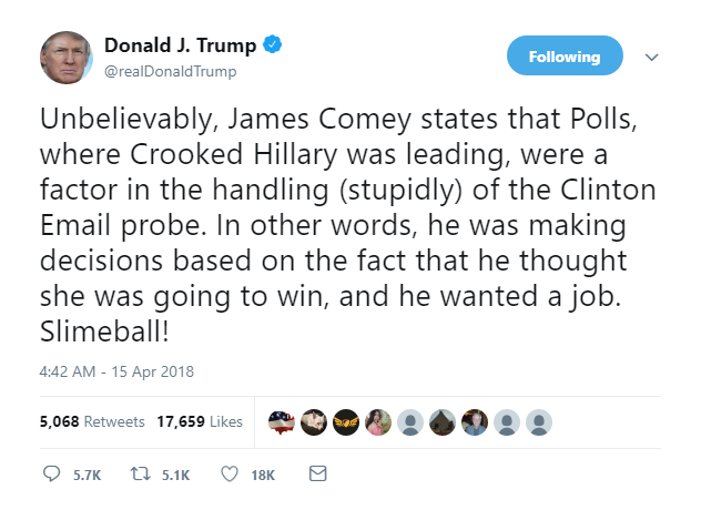 2018-04-15-08_22_27-Donald-J.-Trump-on-Twitter_-_Unbelievably-James-Comey-states-that-Polls-where- Trump Jolts Awake From Mueller Nightmare, Instantly Rage Tweets About James Comey Donald Trump Featured James Comey Politics Social Media Top Stories 