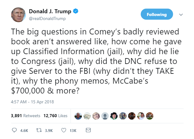 2018-04-15-08_23_24-Donald-J.-Trump-on-Twitter_-_The-big-questions-in-Comey’s-badly-reviewed-book-ar Trump Jolts Awake From Mueller Nightmare, Instantly Rage Tweets About James Comey Donald Trump Featured James Comey Politics Social Media Top Stories 