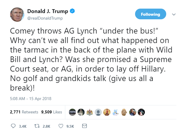 2018-04-15-08_23_57-Donald-J.-Trump-on-Twitter_-_Comey-throws-AG-Lynch-“under-the-bus”-Why-can’t-we Trump Jolts Awake From Mueller Nightmare, Instantly Rage Tweets About James Comey Donald Trump Featured James Comey Politics Social Media Top Stories 