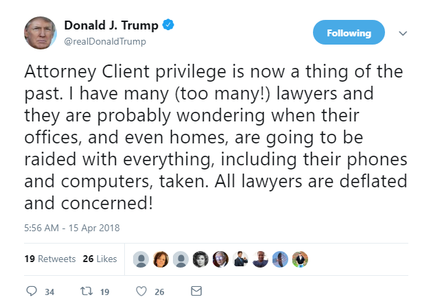 2018-04-15-08_56_54-Donald-J.-Trump-on-Twitter_-_Attorney-Client-privilege-is-now-a-thing-of-the-pas Trump Jolts Awake From Mueller Nightmare, Instantly Rage Tweets About James Comey Donald Trump Featured James Comey Politics Social Media Top Stories 