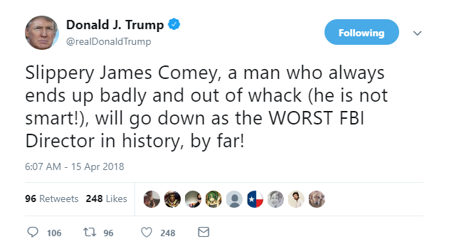 2018-04-15-09_08_20-Donald-J.-Trump-on-Twitter_-_Slippery-James-Comey-a-man-who-always-ends-up-badl Trump Jolts Awake From Mueller Nightmare, Instantly Rage Tweets About James Comey Donald Trump Featured James Comey Politics Social Media Top Stories 