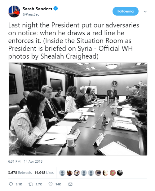 2018-04-15-09_35_17-Sarah-Sanders-on-Twitter_-_Last-night-the-President-put-our-adversaries-on-notic Sarah Sanders Tweets Fake Syria Situation Room Photo & Gets Eaten Alive In Seconds Donald Trump Featured Politics Social Media Top Stories 