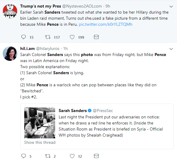 2018-04-15-10_08_27-sanders-pence-photo-Twitter-Search Sarah Sanders Tweets Fake Syria Situation Room Photo & Gets Eaten Alive In Seconds Donald Trump Featured Politics Social Media Top Stories 
