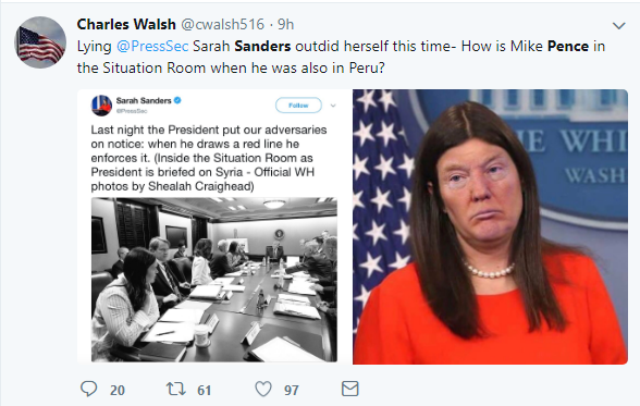 2018-04-15-10_08_49-sanders-pence-photo-Twitter-Search Sarah Sanders Tweets Fake Syria Situation Room Photo & Gets Eaten Alive In Seconds Donald Trump Featured Politics Social Media Top Stories 