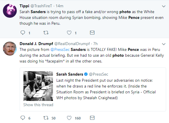 2018-04-15-10_09_10-sanders-pence-photo-Twitter-Search Sarah Sanders Tweets Fake Syria Situation Room Photo & Gets Eaten Alive In Seconds Donald Trump Featured Politics Social Media Top Stories 
