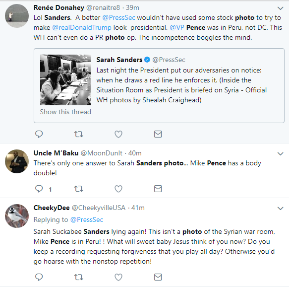 2018-04-15-10_12_40-sanders-pence-photo-Twitter-Search Sarah Sanders Tweets Fake Syria Situation Room Photo & Gets Eaten Alive In Seconds Donald Trump Featured Politics Social Media Top Stories 