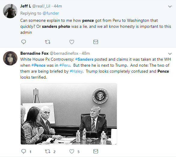2018-04-15-10_13_12-sanders-pence-photo-Twitter-Search Sarah Sanders Tweets Fake Syria Situation Room Photo & Gets Eaten Alive In Seconds Donald Trump Featured Politics Social Media Top Stories 