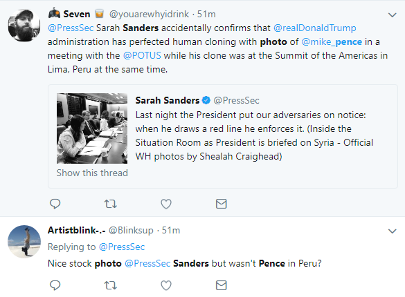2018-04-15-10_13_38-3-sanders-pence-photo-Twitter-Search Sarah Sanders Tweets Fake Syria Situation Room Photo & Gets Eaten Alive In Seconds Donald Trump Featured Politics Social Media Top Stories 