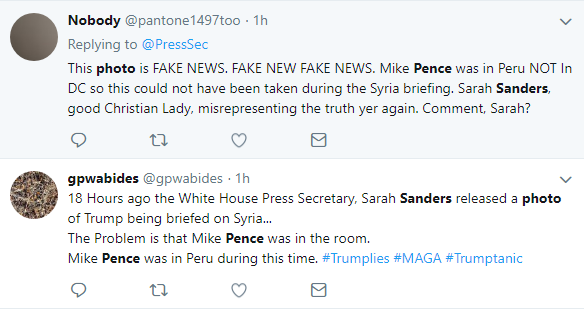 2018-04-15-10_14_01-6-sanders-pence-photo-Twitter-Search Sarah Sanders Tweets Fake Syria Situation Room Photo & Gets Eaten Alive In Seconds Donald Trump Featured Politics Social Media Top Stories 