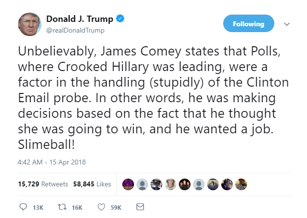 2018-04-15-12_28_41-Donald-J.-Trump-on-Twitter_-_Unbelievably-James-Comey-states-that-Polls-where- Paul Ryan Releases Comey Statement That Has Trump On Verge Of Major W.H. Spaz-Out Donald Trump Featured James Comey Politics Top Stories Videos 