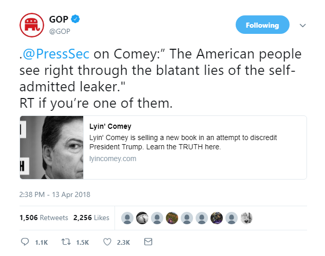 2018-04-15-12_44_27-GOP-on-Twitter_-_.@PressSec-on-Comey_”-The-American-people-see-right-through-the Paul Ryan Releases Comey Statement That Has Trump On Verge Of Major W.H. Spaz-Out Donald Trump Featured James Comey Politics Top Stories Videos 