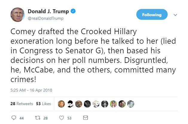 2018-04-16-08_26_22-Donald-J.-Trump-on-Twitter_-_Comey-drafted-the-Crooked-Hillary-exoneration-long- Trump In Full Monday Morning Twitter Freakout After Comey's Wild 20/20 Interview Donald Trump Featured James Comey Politics Social Media Top Stories 