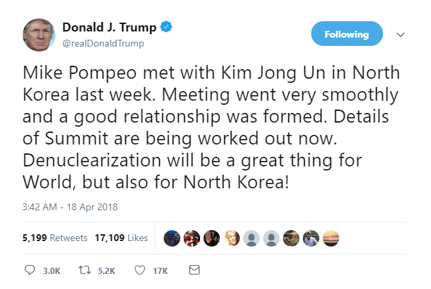 2018-04-18-07_24_48-Donald-J.-Trump-on-Twitter_-_Mike-Pompeo-met-with-Kim-Jong-Un-in-North-Korea-las Trump LIVE Tweets Bizarre Wednesday Mental Collapse Like A Soon To Be Prisoner Uncategorized 