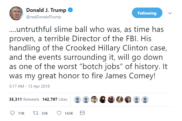 2018-04-19-18_13_07-Donald-J.-Trump-on-Twitter_-_....untruthful-slime-ball-who-was-as-time-has-prov Comey's Infamous Memos Leaked To Fox News - America Responds In Absolute Horror Conspiracy Theory Donald Trump Featured James Comey Politics Top Stories 