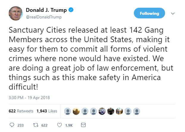 2018-04-19-18_32_09-Donald-J.-Trump-on-Twitter_-_Sanctuary-Cities-released-at-least-142-Gang-Members JUST IN: Trump Goes Off On Psycho Rant After Judge Hands Down Thursday Ruling Donald Trump Featured Immigration Politics Top Stories 