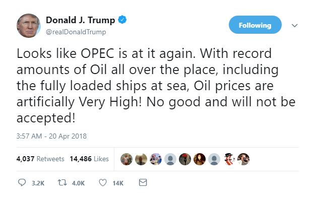 2018-04-20-07_30_42-Donald-J.-Trump-on-Twitter_-_Looks-like-OPEC-is-at-it-again.-With-record-amounts Trump Goes On Desperate Friday AM Twitter Spazzout After Comey's Maddow Interview Donald Trump Featured James Comey Politics Social Media Top Stories 