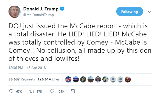 2018-04-20-13_00_06-Donald-J.-Trump-on-Twitter_-_DOJ-just-issued-the-McCabe-report-which-is-a-tota Andrew McCabe Makes Lawsuit Announcement That Has Trump In Apoplectic Fury Donald Trump Featured James Comey Politics Top Stories 