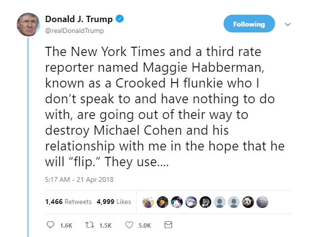 2018-04-21-08_31_36-Donald-J.-Trump-on-Twitter_-_The-New-York-Times-and-a-third-rate-reporter-named- Trump Admits Michael Cohen Is Guilty In Three-Tweet Saturday Rant Like A Total Dummy Donald Trump Featured Politics Top Stories 