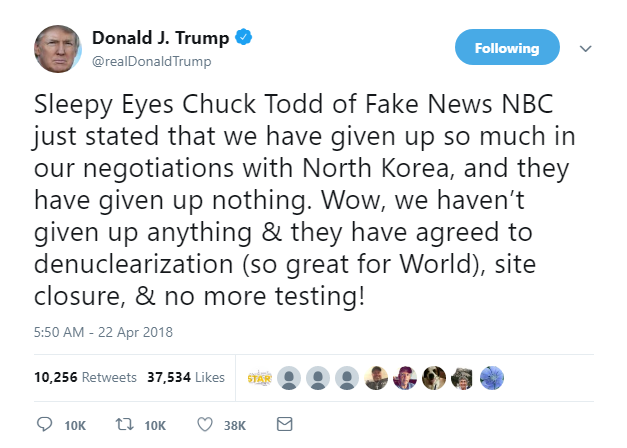 2018-04-22-10_31_14-Donald-J.-Trump-on-Twitter_-_Sleepy-Eyes-Chuck-Todd-of-Fake-News-NBC-just-stated Trump Snaps & Erupts Into Sunday 4 Tweet Attack On 'Sleepy Eyes' Like A Maniac On Drugs Corruption Crime Donald Trump Politics Russia Top Stories 