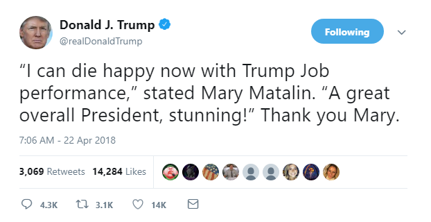 2018-04-22-10_31_57-Donald-J.-Trump-on-Twitter_-_“I-can-die-happy-now-with-Trump-Job-performance”-s Trump Snaps & Erupts Into Sunday 4 Tweet Attack On 'Sleepy Eyes' Like A Maniac On Drugs Corruption Crime Donald Trump Politics Russia Top Stories 