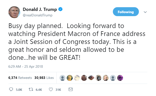 2018-04-25-11_26_14-Donald-J.-Trump-on-Twitter_-_Busy-day-planned.-Looking-forward-to-watching-Presi Macron Takes Podium & Instantly Mops The Floor With Trump Like A Badass Boss Donald Trump Featured Foreign Policy Politics Top Stories Videos 
