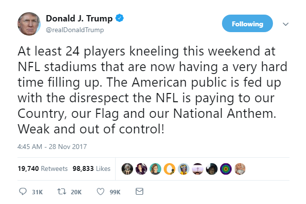 2018-04-25-14_22_06-Donald-J.-Trump-on-Twitter_-_At-least-24-players-kneeling-this-weekend-at-NFL-st Trump's 'Buddy' Robert Craft Turns On Him; Leaked Audio Of NFL Meeting Goes Viral (AUDIO) Activism Civil Rights Donald Trump Featured Politics Racism Top Stories 