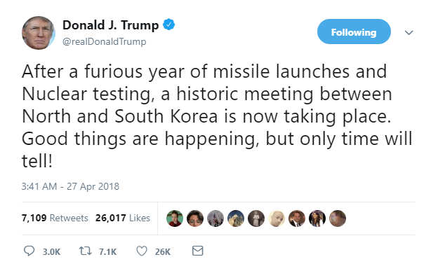 2018-04-27-07_24_16-Donald-J.-Trump-on-Twitter_-_After-a-furious-year-of-missile-launches-and-Nuclea Trump Calls James Comey 'Sailor,' Announces End Of Korean War In Belligerent AM Tweets Donald Trump Featured James Comey Politics Social Media Top Stories 