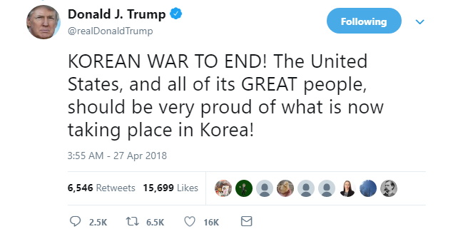 2018-04-27-07_24_35-Donald-J.-Trump-on-Twitter_-_KOREAN-WAR-TO-END-The-United-States-and-all-of-it Trump Calls James Comey 'Sailor,' Announces End Of Korean War In Belligerent AM Tweets Donald Trump Featured James Comey Politics Social Media Top Stories 