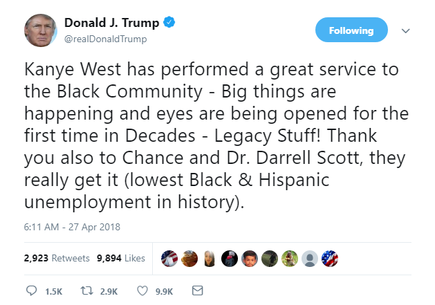 2018-04-27-09_30_32-Donald-J.-Trump-on-Twitter_-_Kanye-West-has-performed-a-great-service-to-the-Bla Trump Continues Friday Morning Twitter Rant With Disgusting Exploitation Of Blacks Donald Trump Featured Politics Racism Social Media Top Stories 