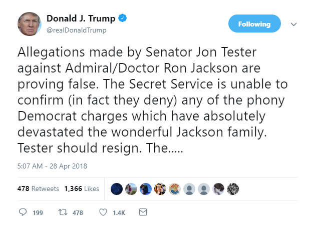2018-04-28-08_08_50-Donald-J.-Trump-on-Twitter_-_Allegations-made-by-Senator-Jon-Tester-against-Admi Trump Goes On Early AM Freakout About His Disgraced/Drunken Doctor & It's Ridiculous Donald Trump Featured Politics Social Media Top Stories 