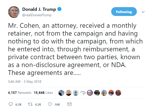 2018-05-03-07_52_58-Donald-J.-Trump-on-Twitter_-_Mr.-Cohen-an-attorney-received-a-monthly-retainer Trump's Ship Of Lies Founders After Incriminating Thursday AM Twitter Frenzy Like A Chump Donald Trump Featured Politics Top Stories 