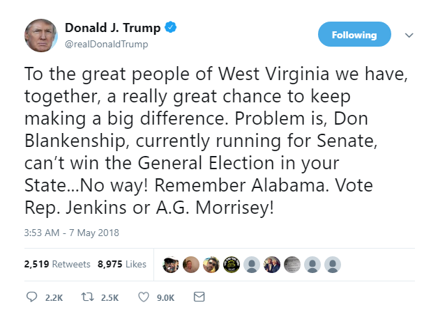 2018-05-07-07_20_15-Donald-J.-Trump-on-Twitter_-_To-the-great-people-of-West-Virginia-we-have-toget Trump Goes On Four-Tweet Rager During Monday AM Mueller Tantrum Like A Psycho Donald Trump Featured Politics Social Media Top Stories 