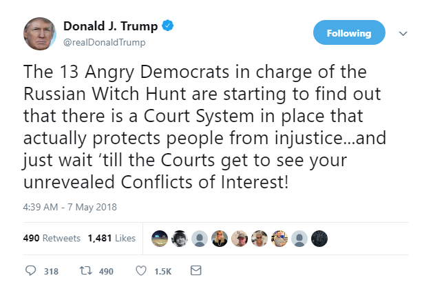 2018-05-07-07_42_24-Donald-J.-Trump-on-Twitter_-_The-13-Angry-Democrats-in-charge-of-the-Russian-Wit Trump Goes On Four-Tweet Rager During Monday AM Mueller Tantrum Like A Psycho Donald Trump Featured Politics Social Media Top Stories 