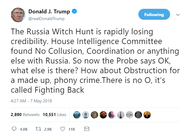 2018-05-07-07_45_52-Donald-J.-Trump-on-Twitter_-_The-Russia-Witch-Hunt-is-rapidly-losing-credibility Trump Goes On Four-Tweet Rager During Monday AM Mueller Tantrum Like A Psycho Donald Trump Featured Politics Social Media Top Stories 