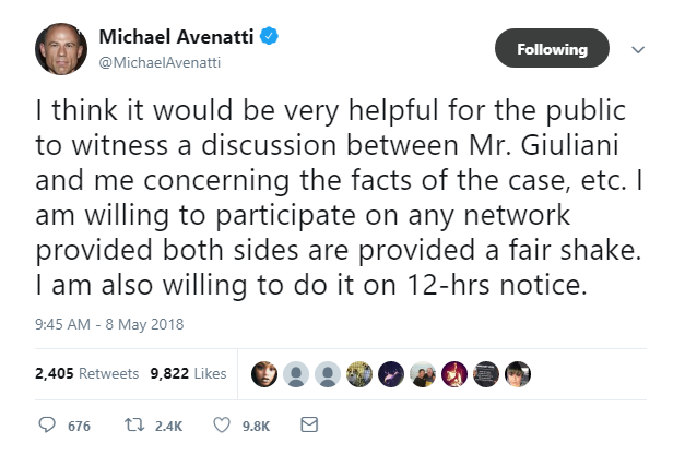 2018-05-08-14_03_13-Michael-Avenatti-on-Twitter_-_I-think-it-would-be-very-helpful-for-the-public-to Stormy Daniels' Lawyer Challenges Giuliani To A Face-To-Face; Rudy In Freakout Mode Donald Trump Featured Politics Social Media Top Stories 